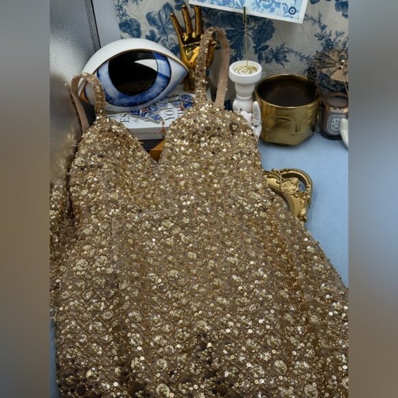 🆕 BRONX & BANCO 🧿 NWOT Allegra Gold Sequin & Beaded Maxi Dress, Sz S US 4 - Picture 13 of 16
